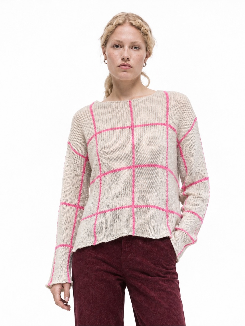 Women's Mohair Wool Windowpane Oversized Sweater Beige and Pink Size XS